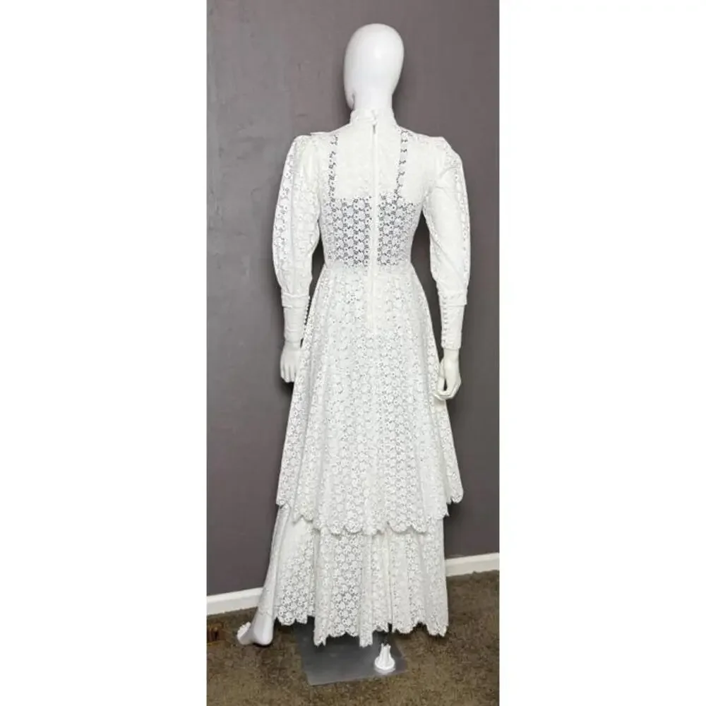 Rare 1970's White Cotton Eyelet Prairie Wedding Gown White Edwardian Style - Picture 7 of 10